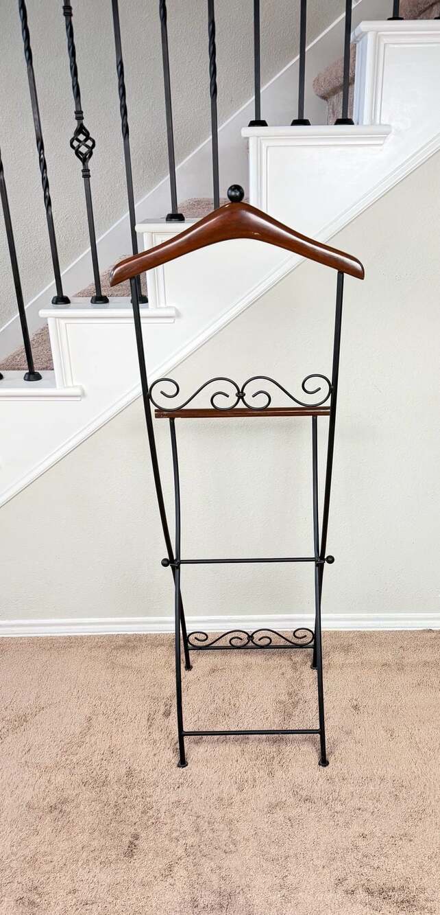 Vintage MCM Folding Butler Valet Stand Wood & Wrought Iron Clothes Rack Hanger